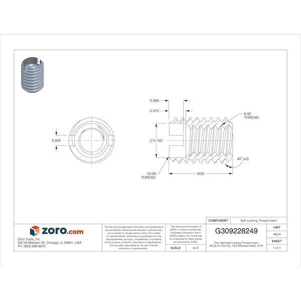 Thin Wall Self Locking Thread Insert, No. 6-32 Int Thrd Sz, 18-8 Stainless