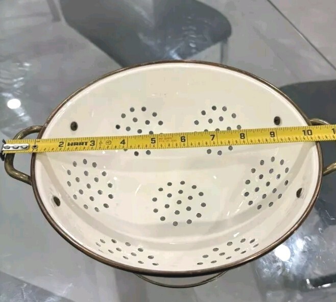 Vintage Cornucopia Enamel and Brass Colander/ Strainer Mixed Fruit Design