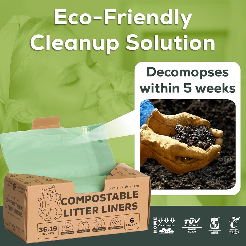 Cat Litter Box Liners 100% Compostable - Drawstring Close - 6 Count - Jumbo Size