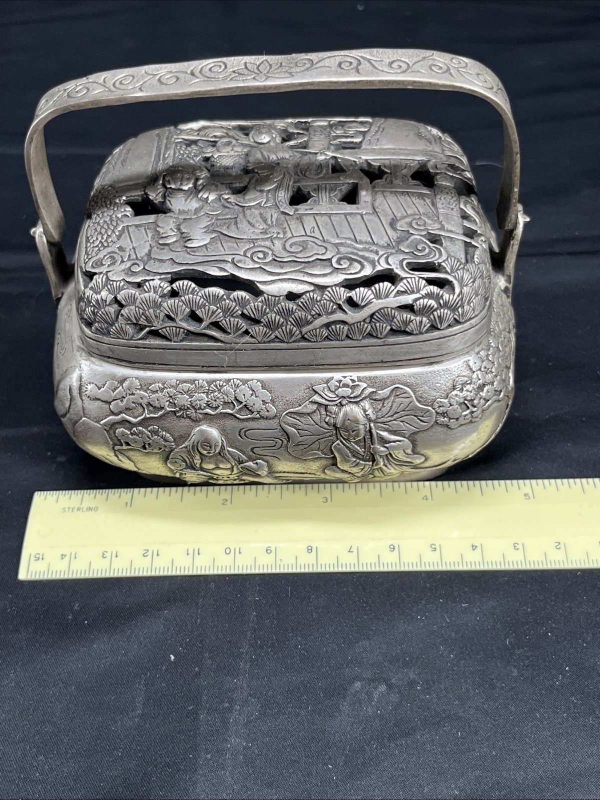 5.6"Chinese Buddhism Pure copper Gilt silver Fine carving [Crane] Incense burner