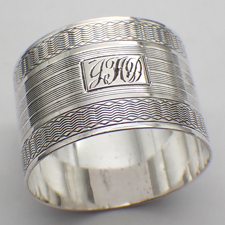 Engine Turned Napkin Ring Sterling Silver Mono JAD