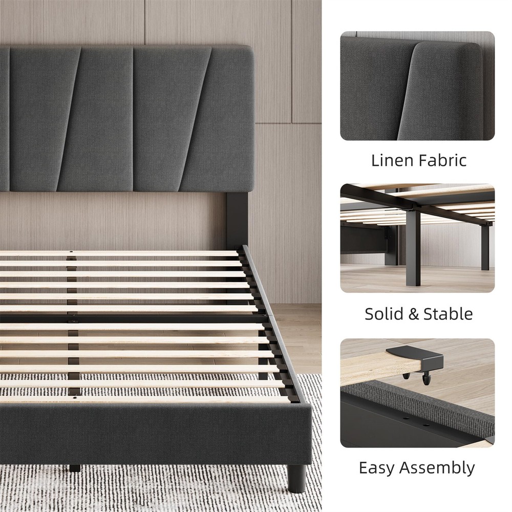 Full Size Bed Frame with Adjustable Headboard Linen Upholstered Platform Bedfram
