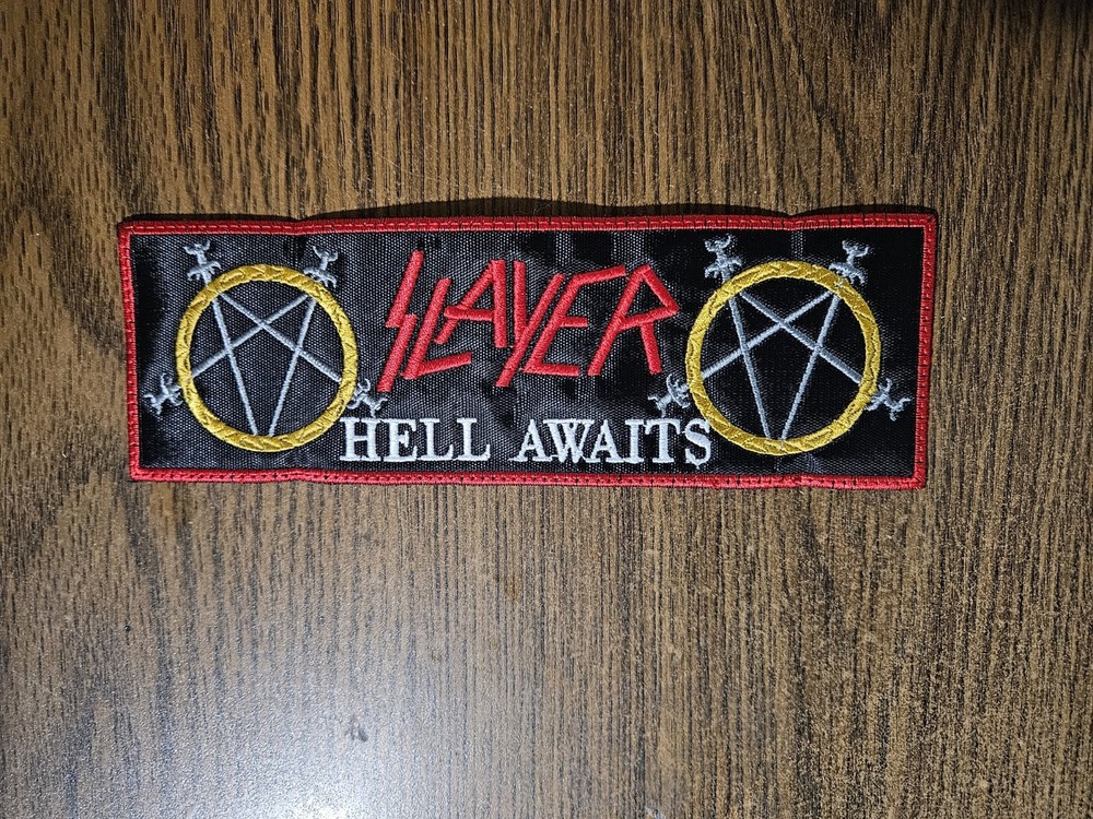 SLAYER, HELL  AWAITS, SEW ON RED BORDER EMBROIDERED STRIP PATCH