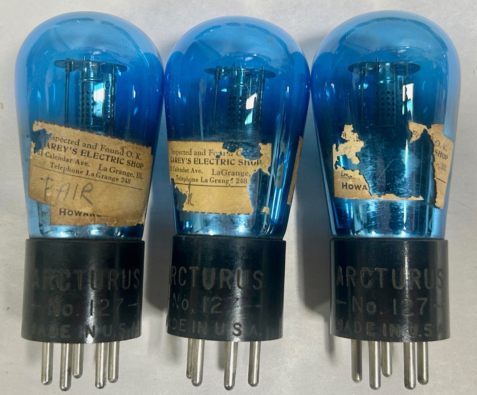 Lot Of "3" Vintage Arcturus Number 127 BLUE Electronic Vacuum Tube (A18)