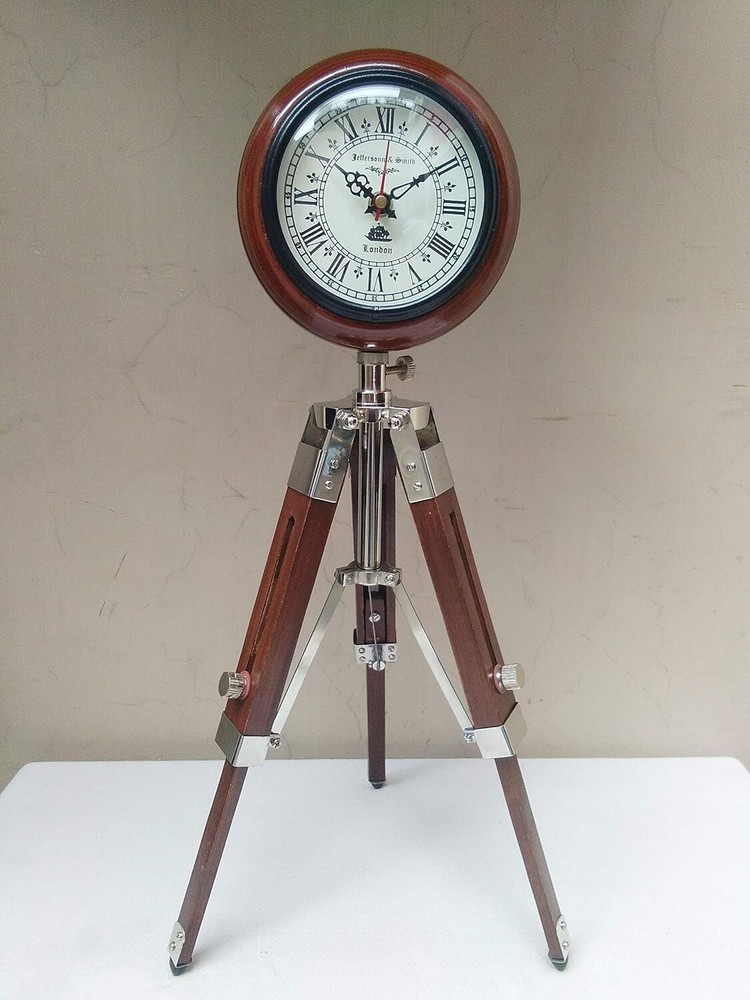 Wooden Tripod Stand with Brass Clock, Adjustable Tripod Stand