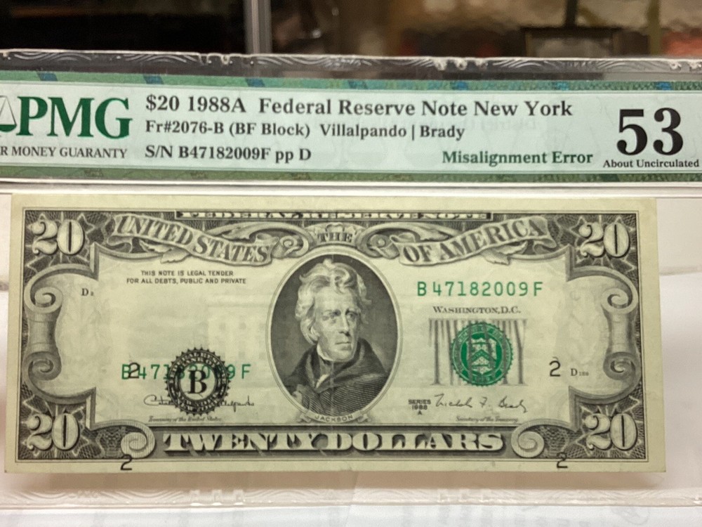 $20 1988A PMG 53 Misalignment Error District Overprint Fr#2076-B