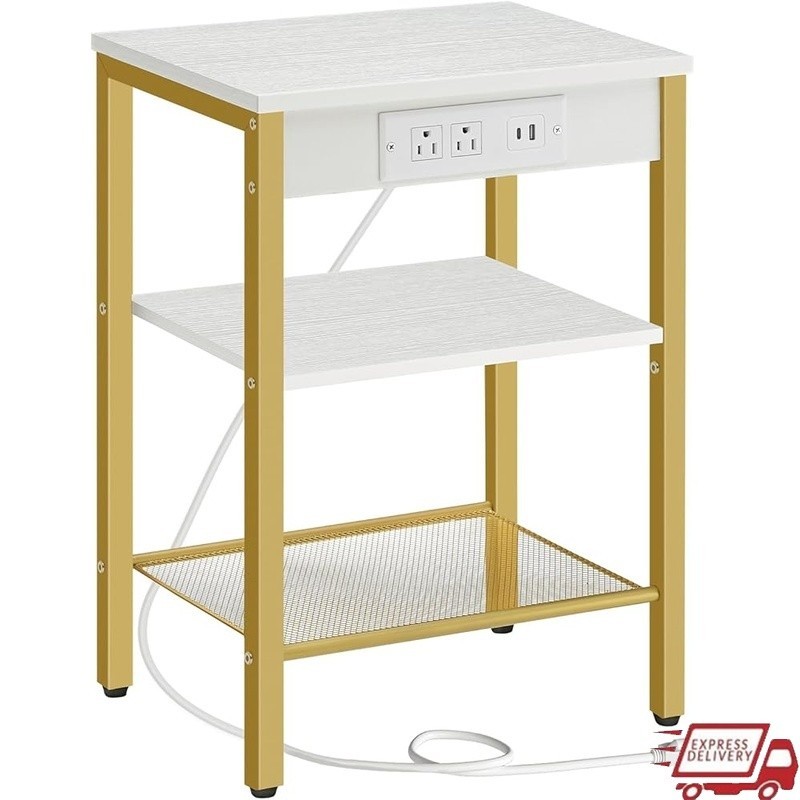 Multifunctional Side Table W/ Outlets USB Ports Adjustable Shelves Storage