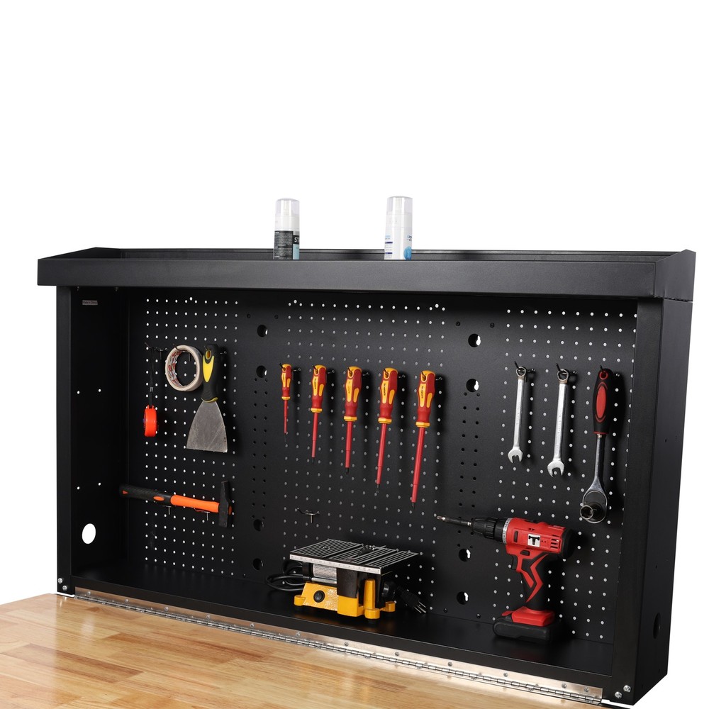 Wall Mounted Foldable Workbench with Rubberwood Work Surface Pegboard for Tools