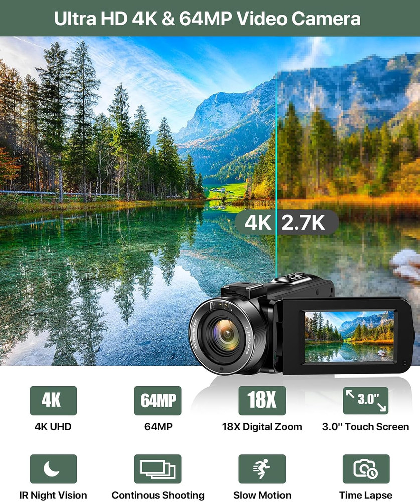 4K Video Camera Camcorder 64MP Vlogging Camera for Youtube 3.0" Touch Screen 18X