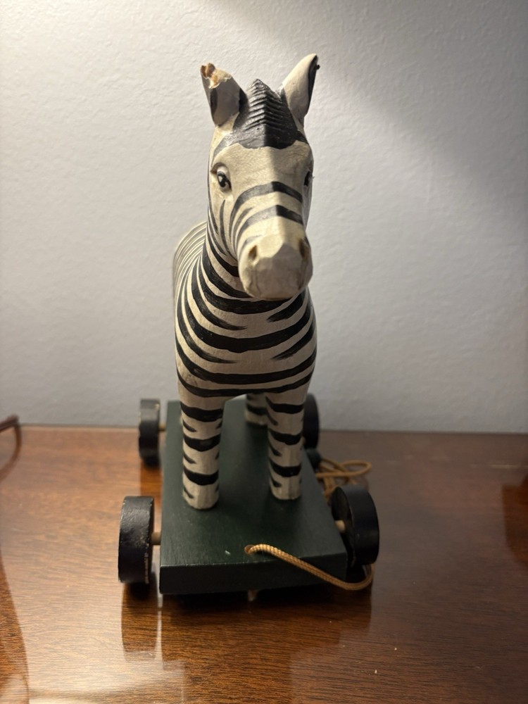 Antique Kids String Pull Zebra Wood Hand Carved Rustic Folk Art Nice