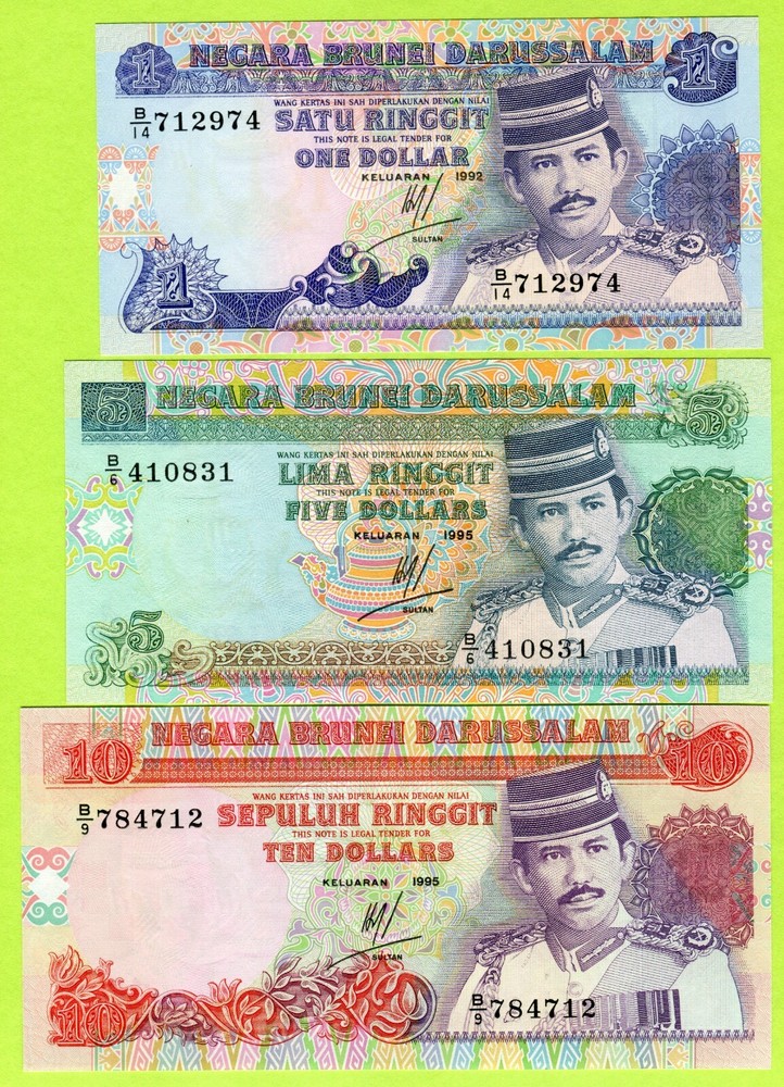 Brunei 1 5 10 Ringgit 1991 1992 1995 P13a P14 P15 UNC