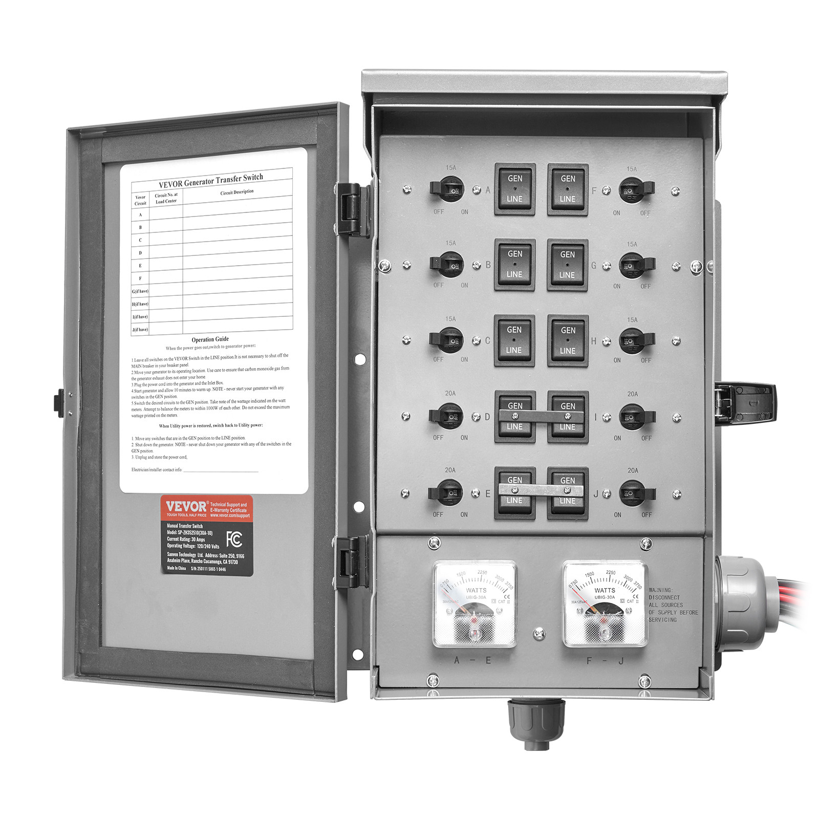 VEVOR Manual Transfer Switch 30A Generator Transfer Switch Kit NEMA 3R 7500W