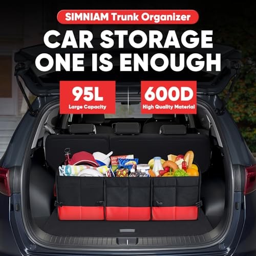Simniam Large Trunk Organizer for Car, Foldable Multi Compartment Medium Red