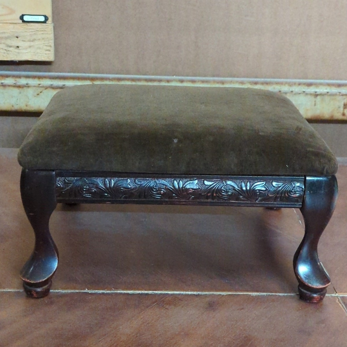Brown Velvet Wooden Slipper Stool 8" x 12" x 14" Antique English  Footstool