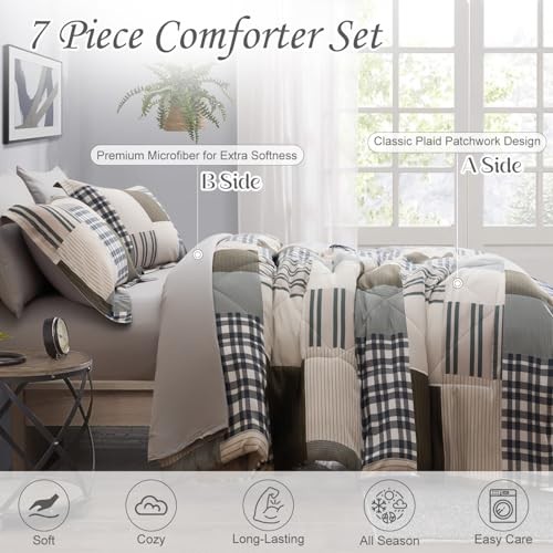 Comforter Set King Size Plaid Patchwork King-7 Pieces Buffalo Plaid Patchwork