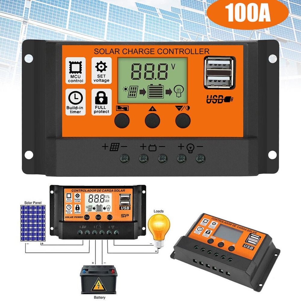 100A LCD Digital Combo Panel Display 12/24V PWM Charge Controller Fast Ship