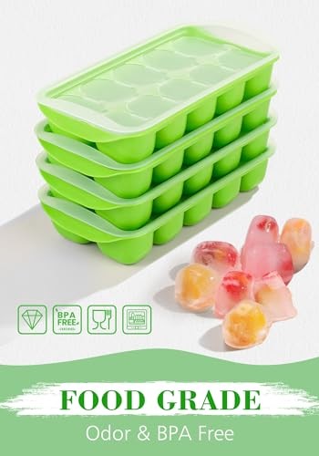 Ice Cube Tray with Lid and Bin - 4 Pack Ice Bucket Kits, Stackable Green