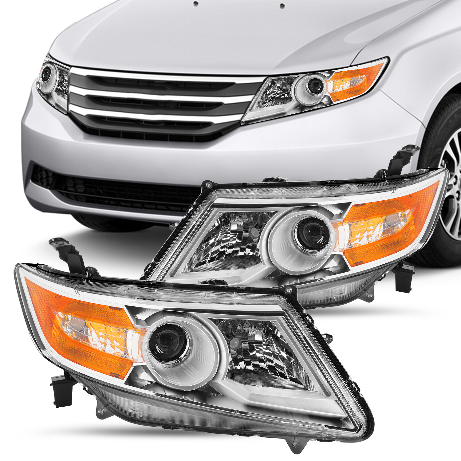 For 2011-2017 Honda Odyssey Halogen Chrome Housing Amber Corner Headlights Pair