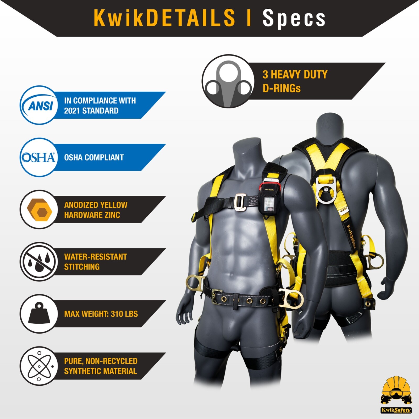 KwikSafety TYPHOON Safety Harness ANSI Fall Protection 3D Ring + Back Support