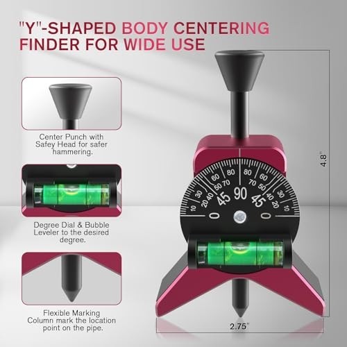 Y-Shape Magnetic Pipe Center Finder Tool, Adjustable Dial Protractor for 1.5"-6"