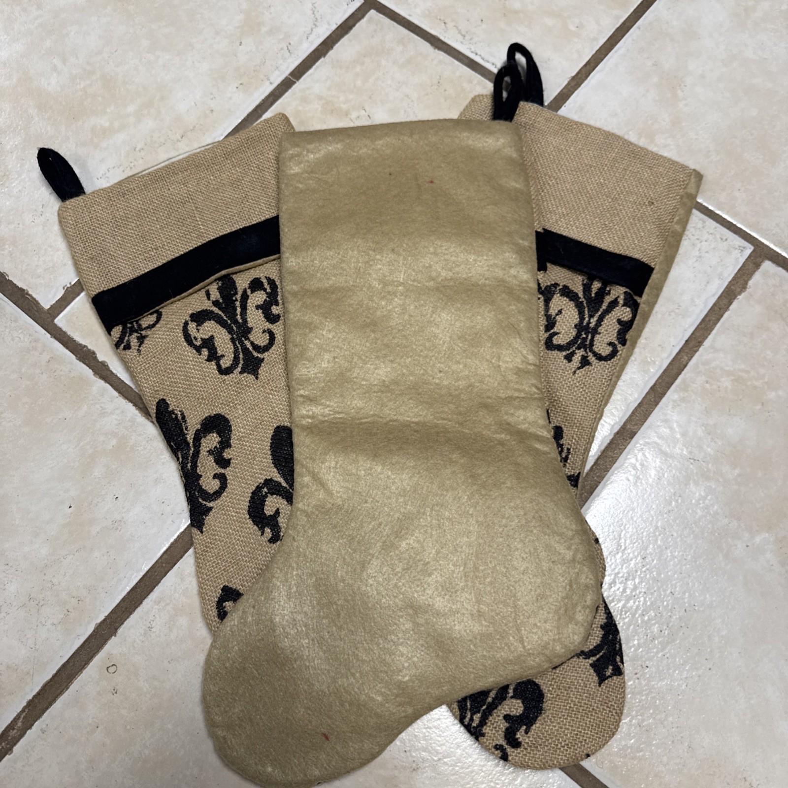 3 Hobby Lobby Fluer Di Lis Christmas Stockings Burlap French Cajun Classic EUC