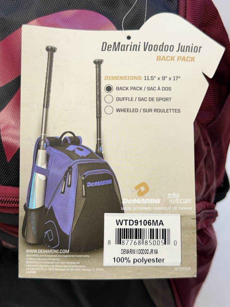 DeMarini Voodoo Junior Baseball Backpack 2 Mesh Bat Sleeves Large Comparment NWT