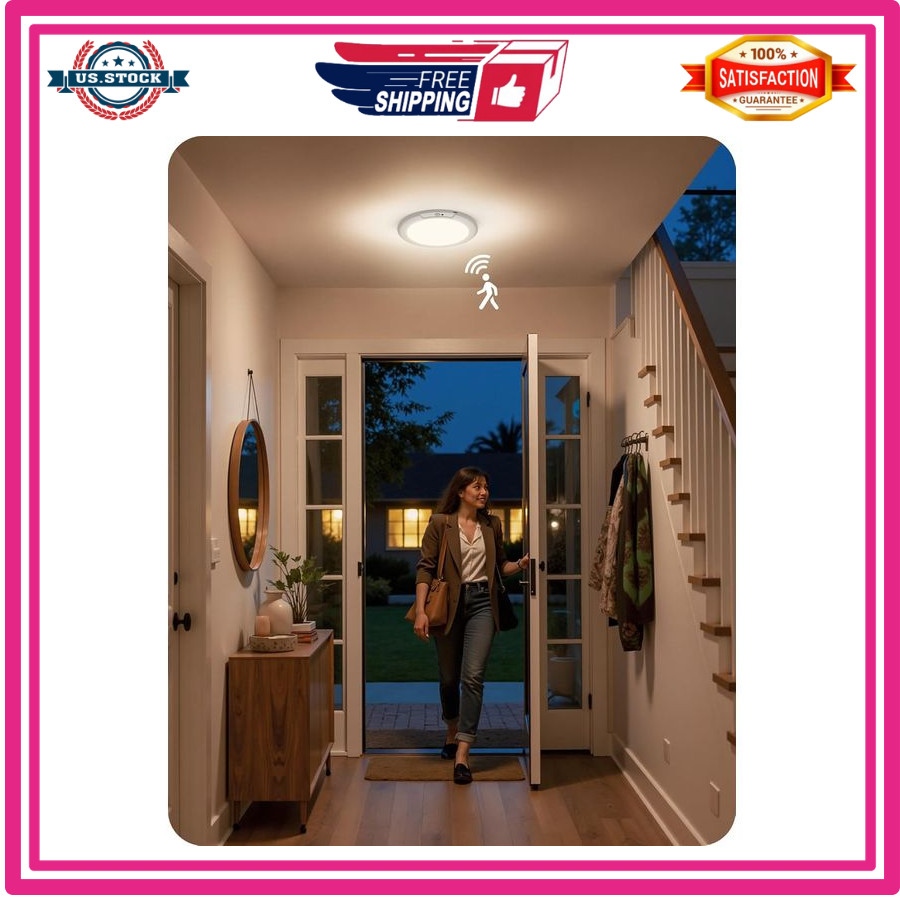 Rechargeable Motion Sensor Ceiling Light Wireless Dimmable Remote 3 Color