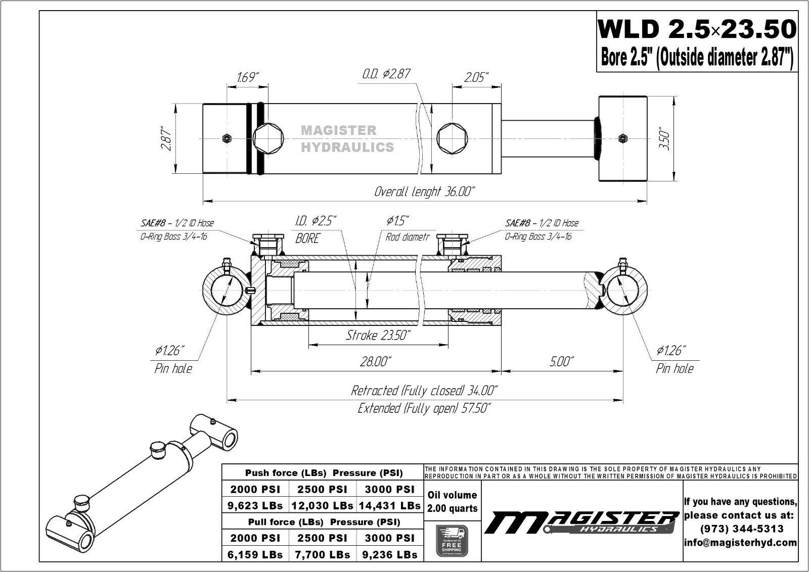 Hydraulic Cylinder For Loader Double Acting 2.5" Bore 23.5" Stroke 2.5x23.5 NEW