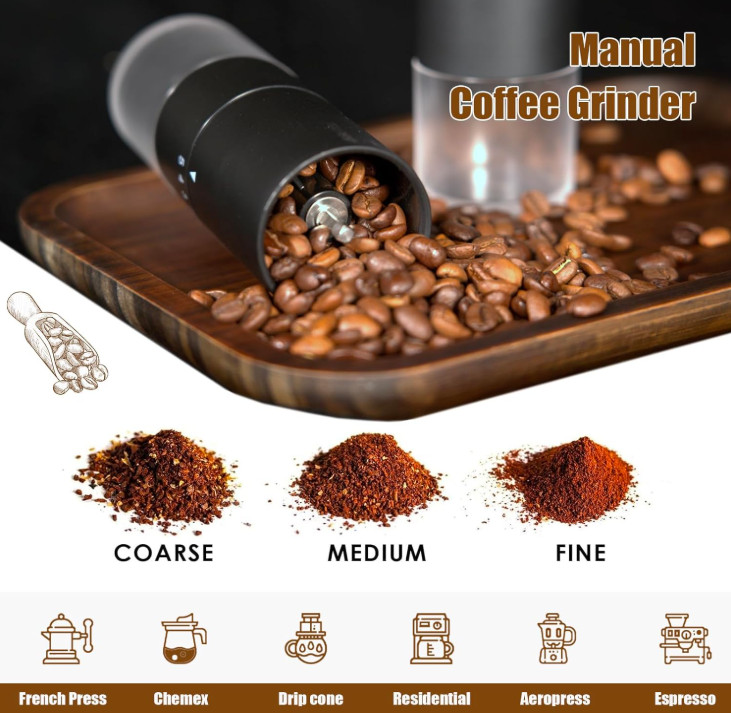 Portable Manuel Coffee Grinder Ceramic Conical Burr w/5 Adjustable Grind Setting