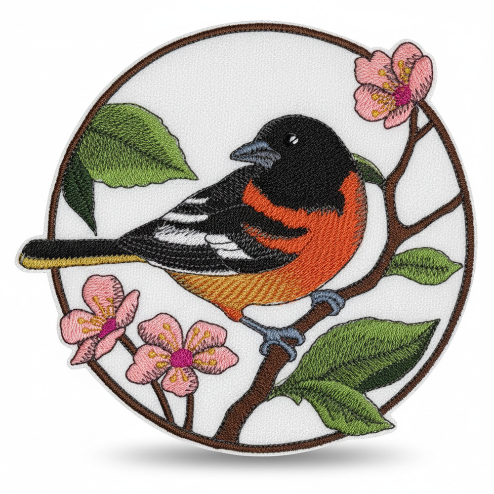 Oriole & Cherry Blossom Circle Embroidered Patch