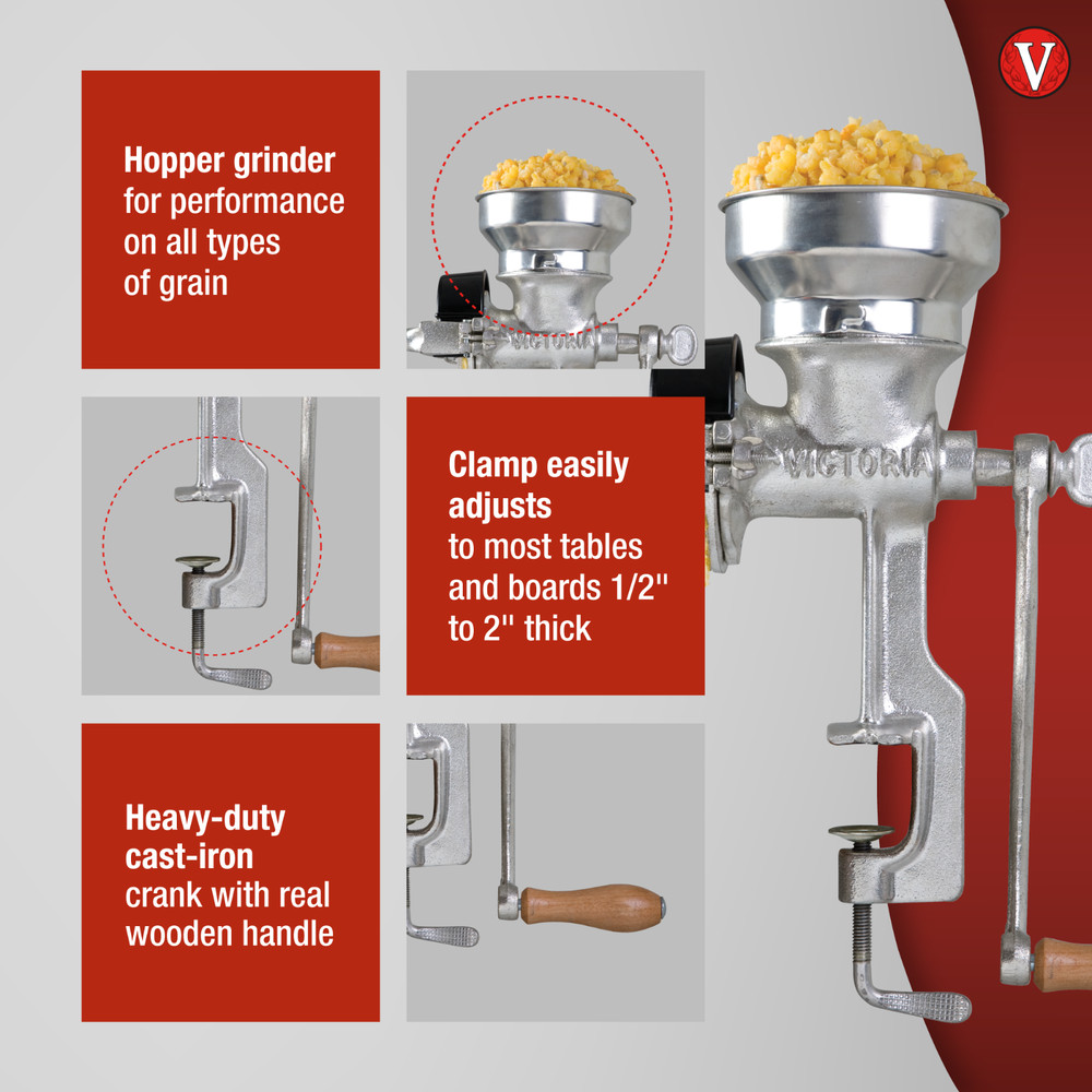Victoria Cast Iron Manual Low-Hopper Grain Grinder, Authentic
