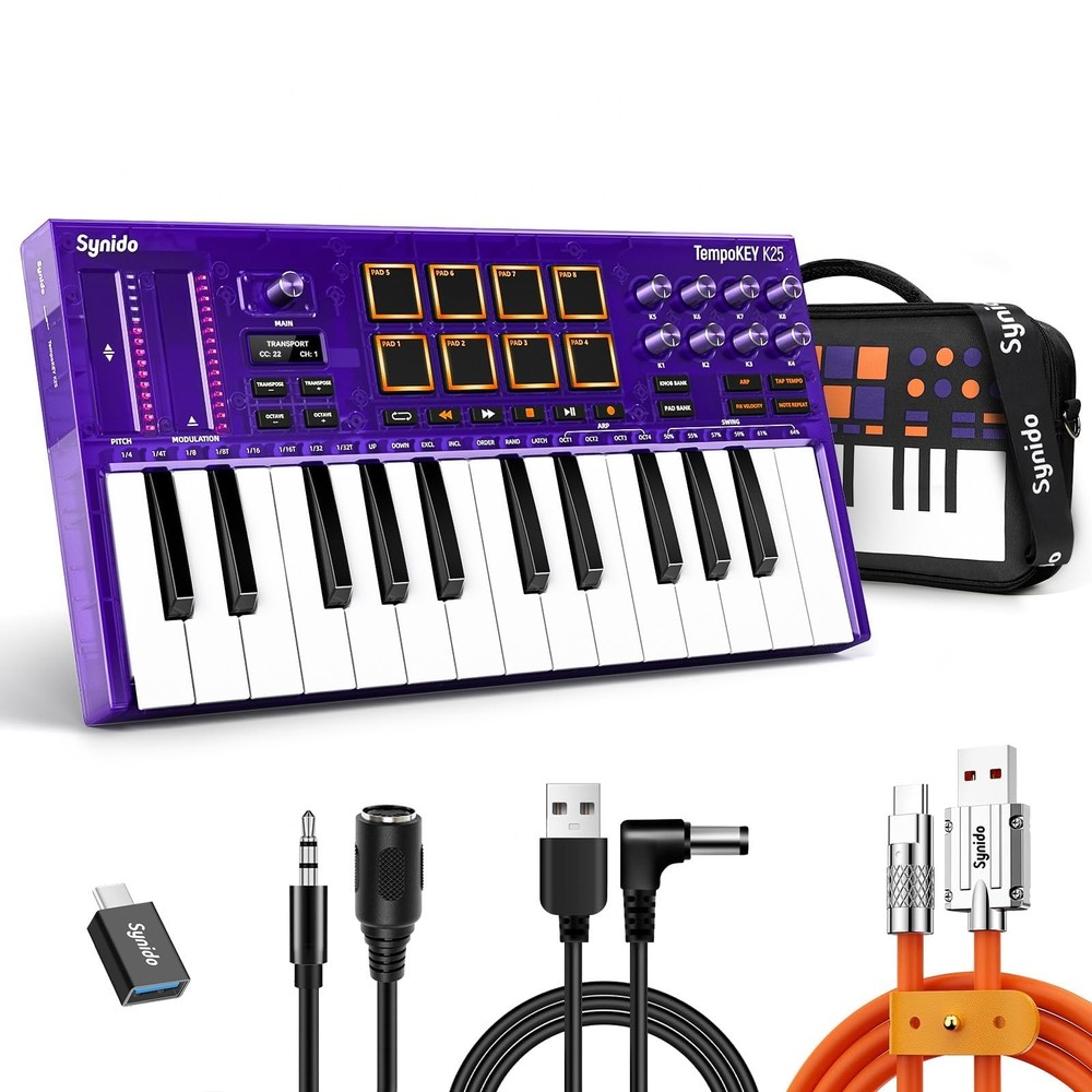 Synido 25 Key USB MIDI Keyboard Controller with Drum Pads, Professional Mini ...