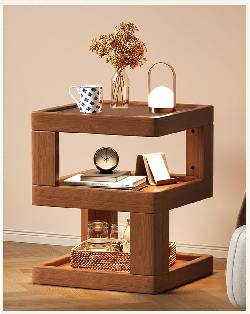 Walnut 3-Tier Solid Wood Nightstand, Modern Open Bedside Side Table 13.7"