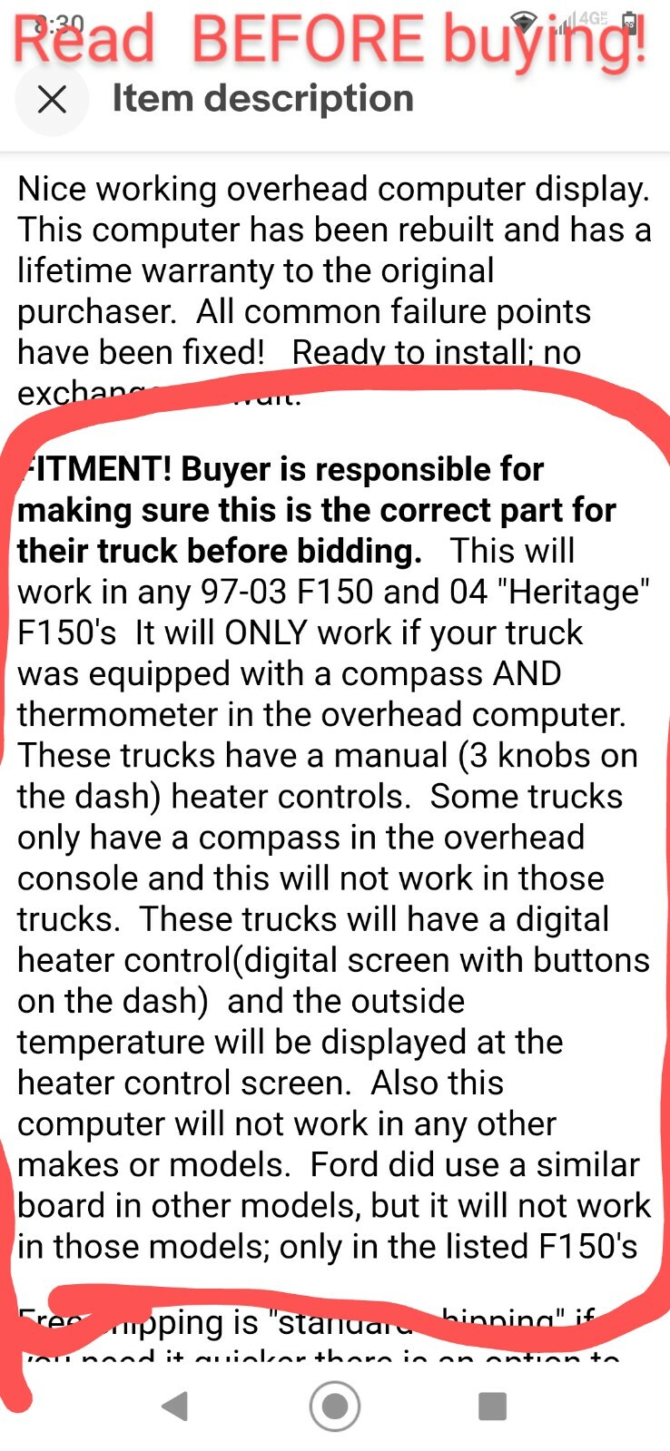 Ford F150 Overhead Console Display Compass Thermometer Computer 97-03 Warranty