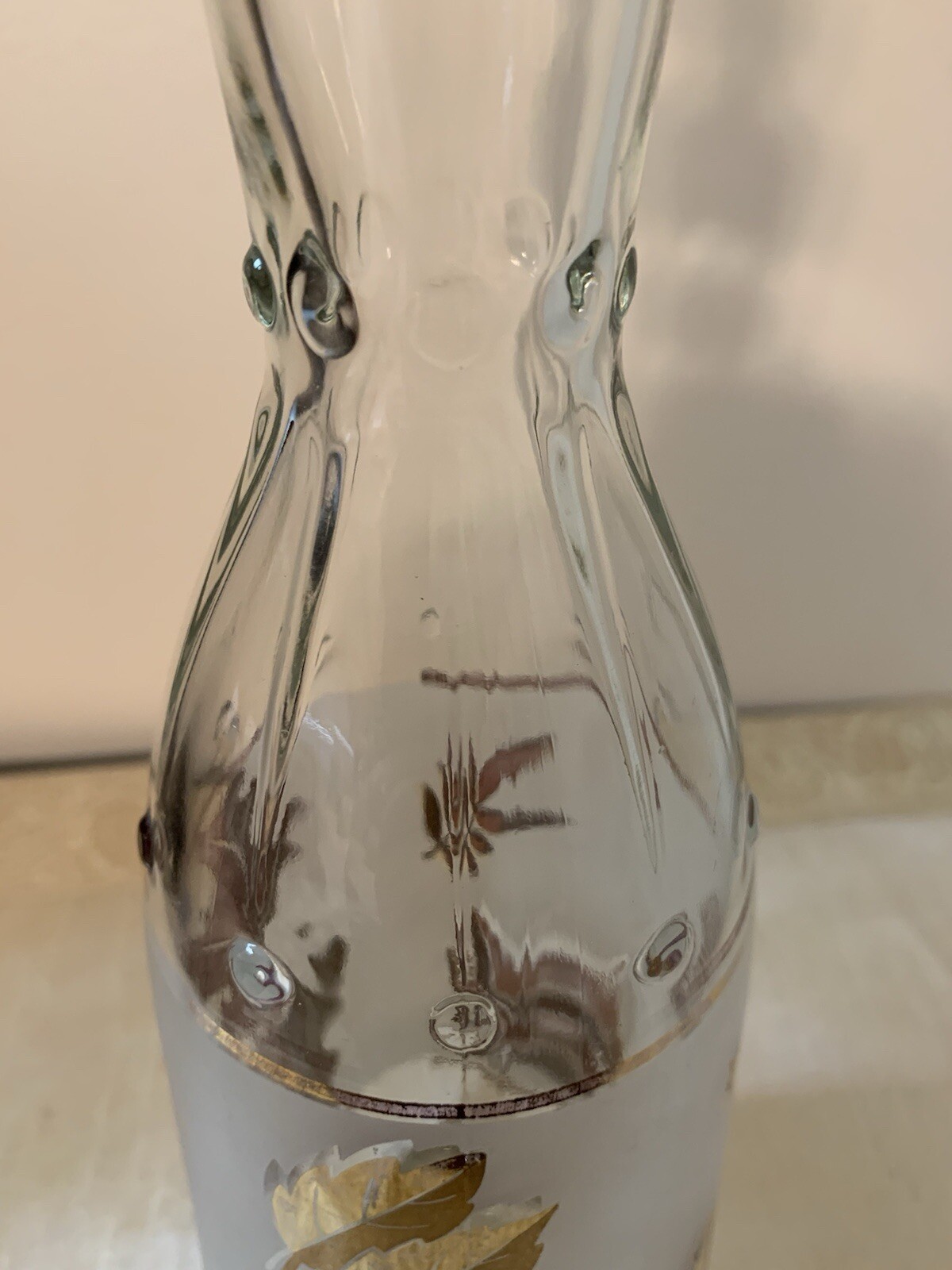 Vintage Libbey Frosted White with Gold Leaves Bottle/Decanter 12” Tall 3” High