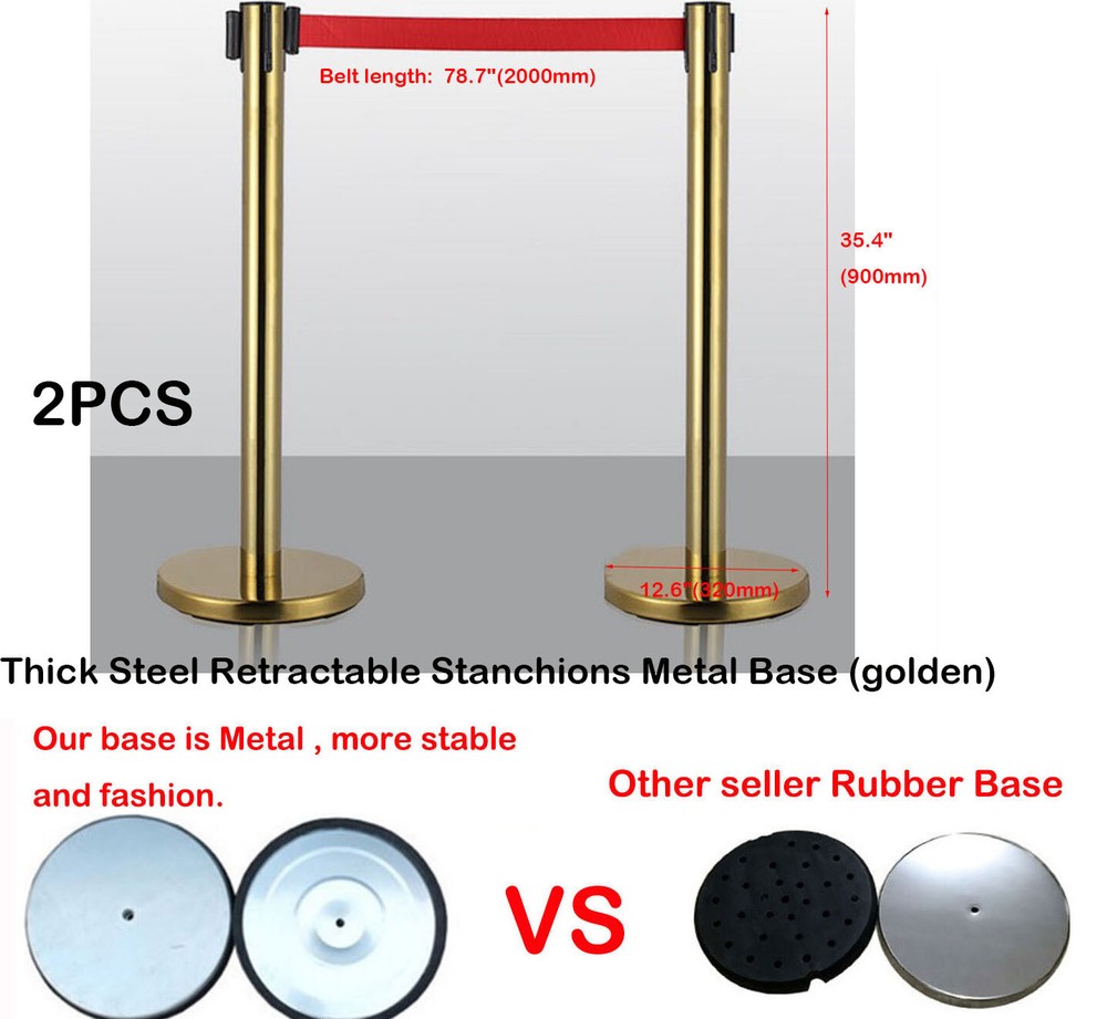 2 pcs Retractable Red Belt Stanchions Gold Posts Queue Pole Crowd Control