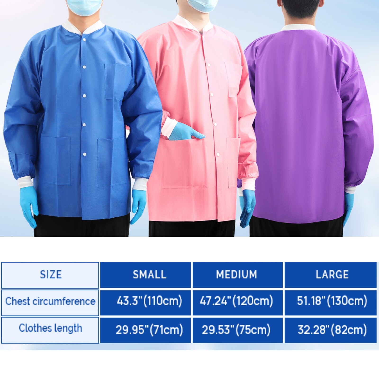 Disposable SMS Lab Jackets Lab Coats Unisex Hip-Length Uniform w/Pockets 3 Color