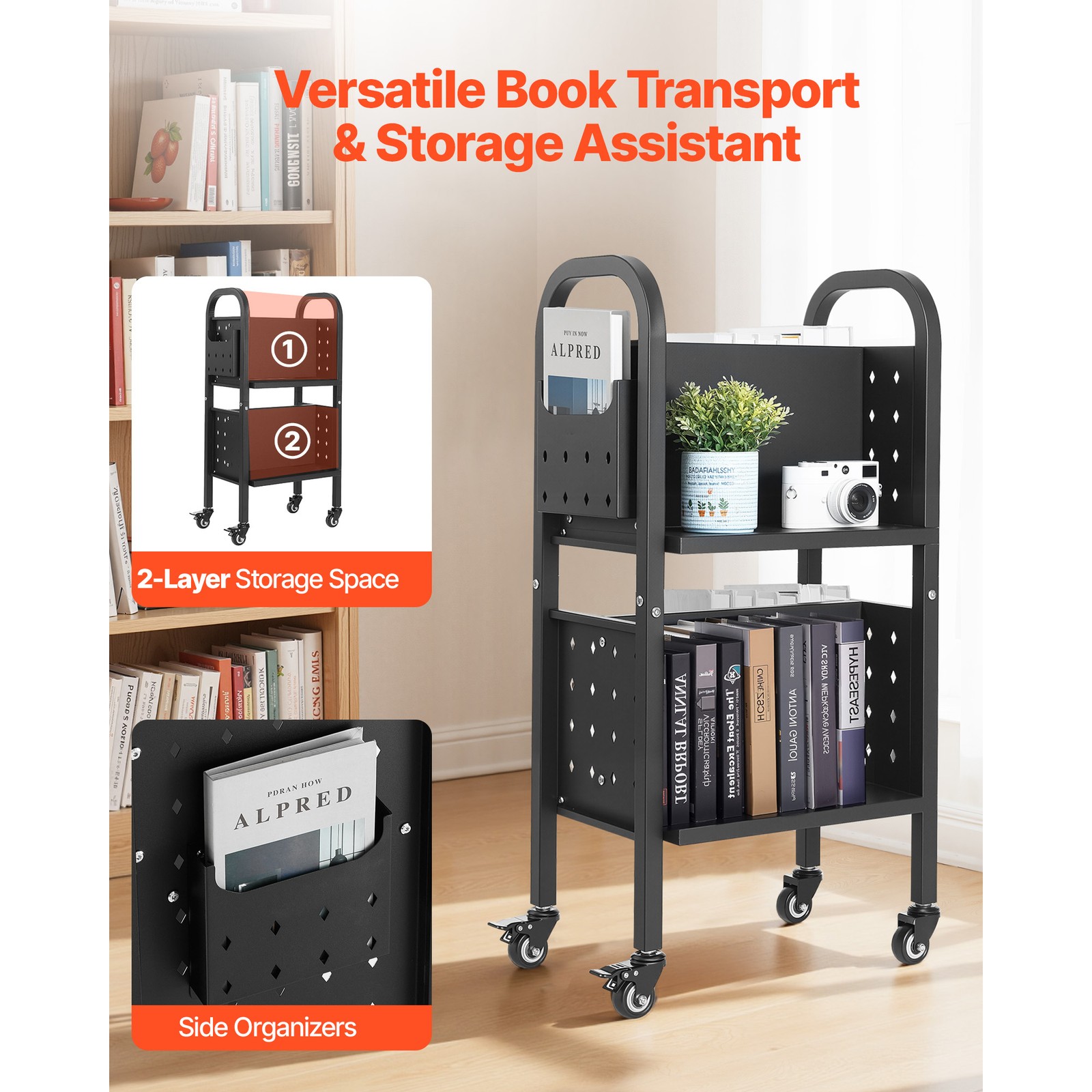 2-Tier Rolling Book Cart Double Sided L-Shaped Shelves Book Truck in Black