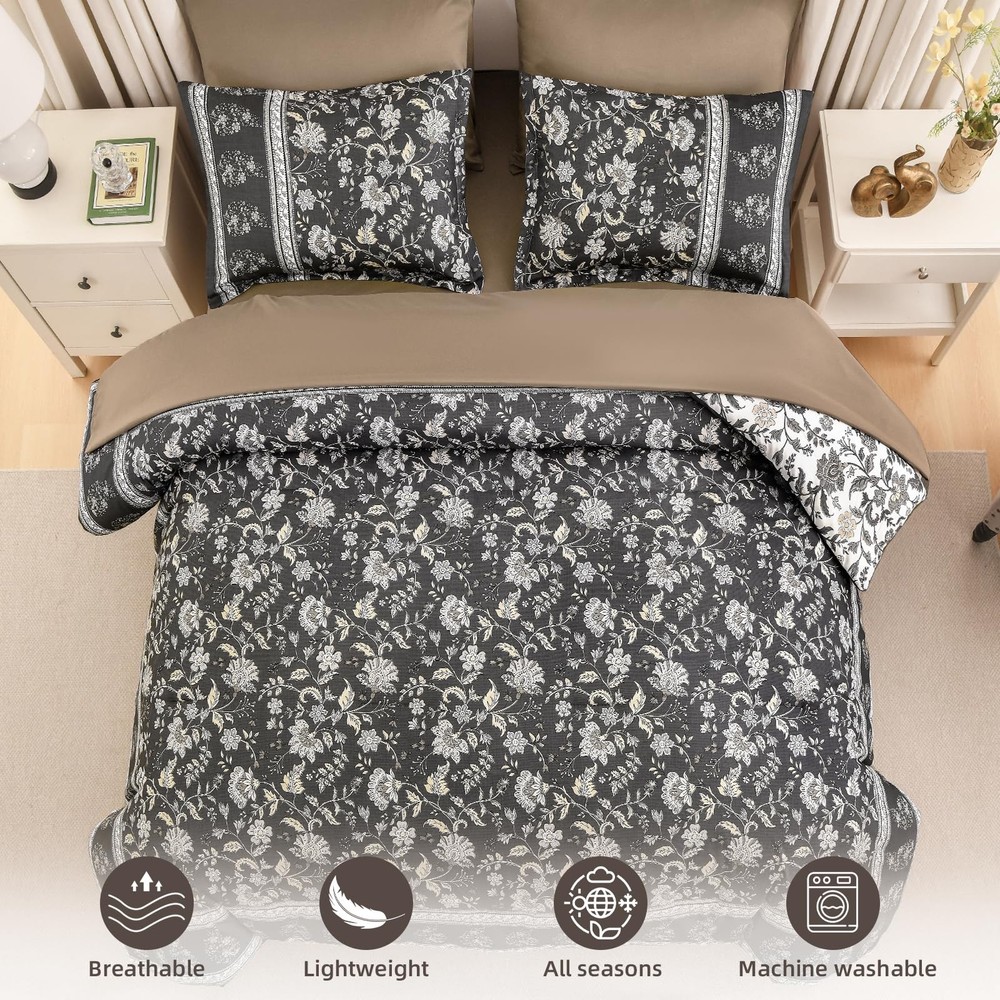 Dinjoy Comforter Set King Size Boho, Reversible Brown Gray King,