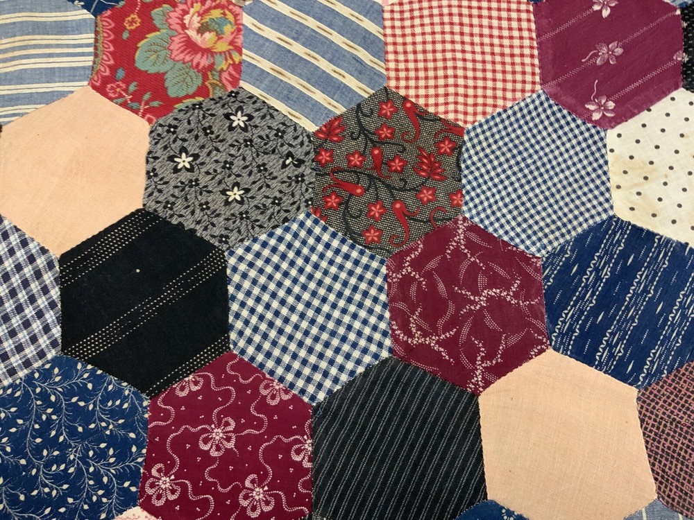 Antique Patchwork Quilt Table Topper, Octagons, Early Calico Prints, Navy, Multi