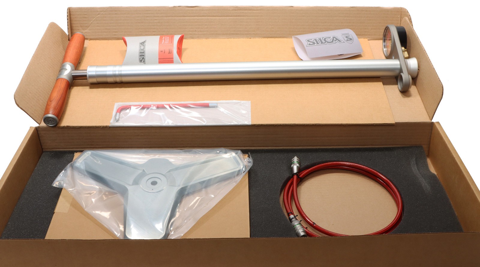 Silca SuperPista Ultimate Bike Floor Pump 160psi Brushed Silver Red Hose USA NEW