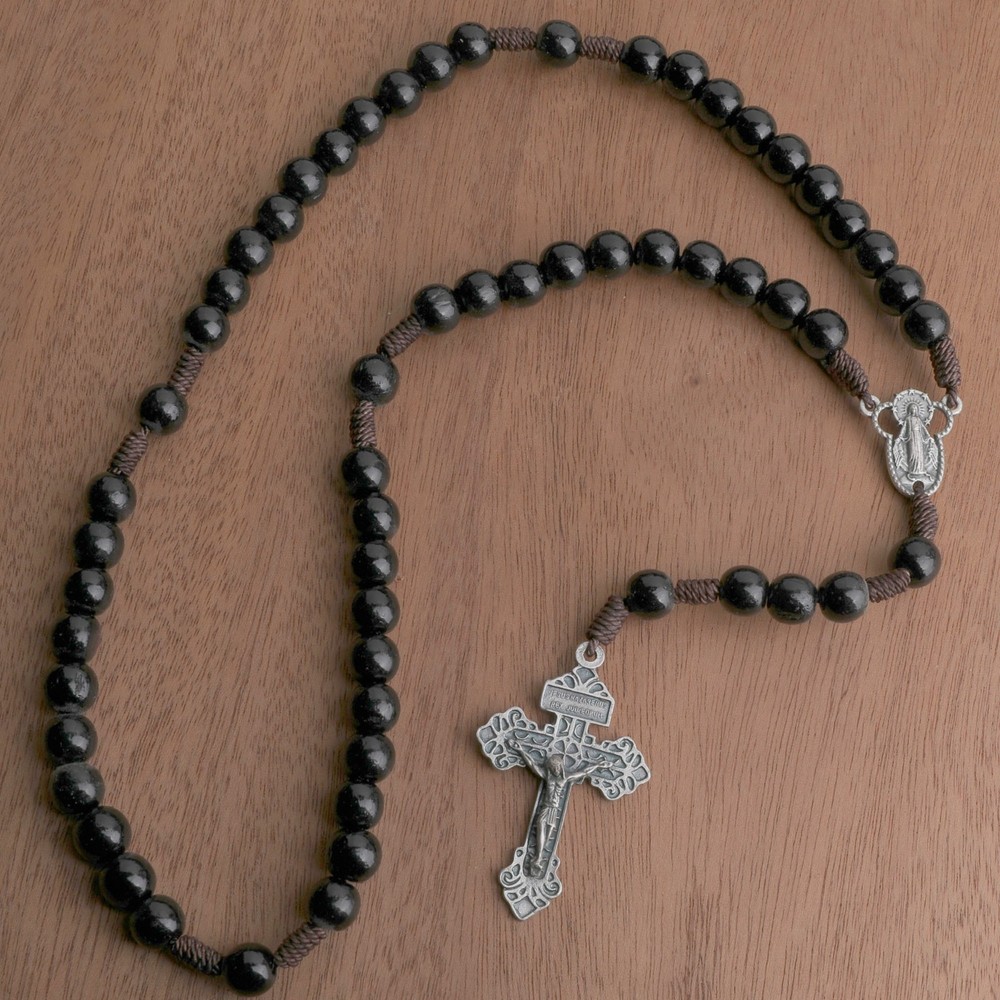 Catholic Rosary Beads Wood Strong Cord Miraculous Center Men Women Black 17.5"