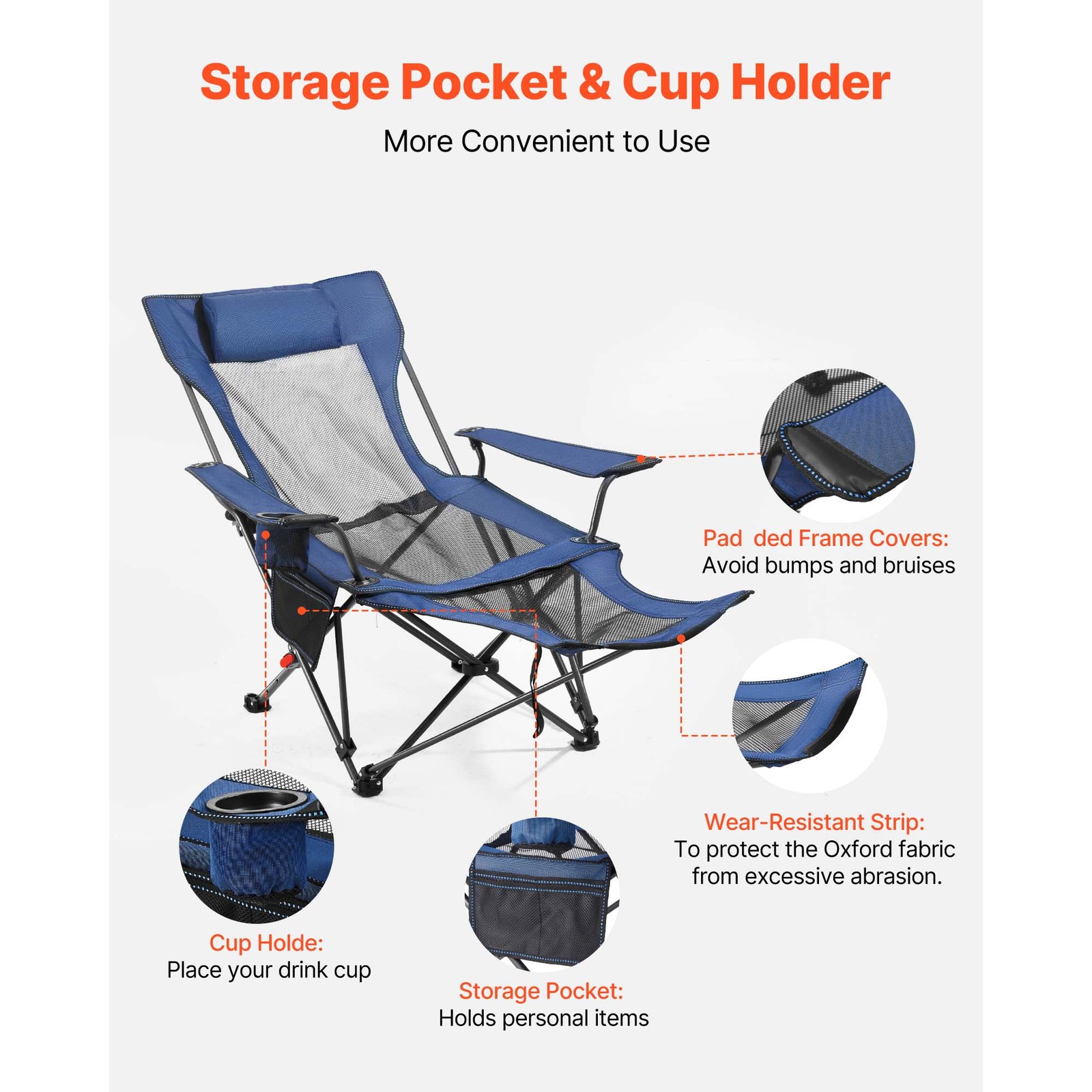 Uimoso Portable Folding Reclining Camping Chair for Adults, Heavy-Duty, Blue