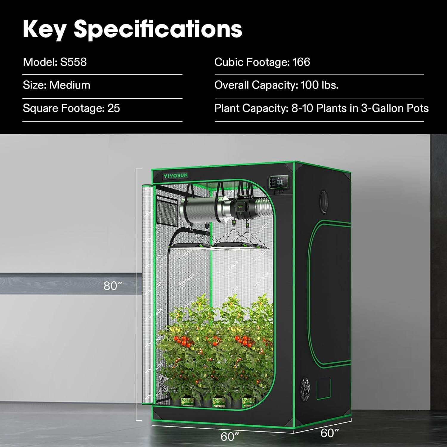 S558 5'x5' Indoor Grow Tent Non Toxic Mylar 100% Reflect 60"X60"X80" 6-10 Plants