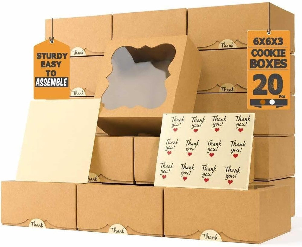 20 Count Extra Thick Cookie Boxes - 6x6x3 Gift-Worthy Bakery Boxes with Window