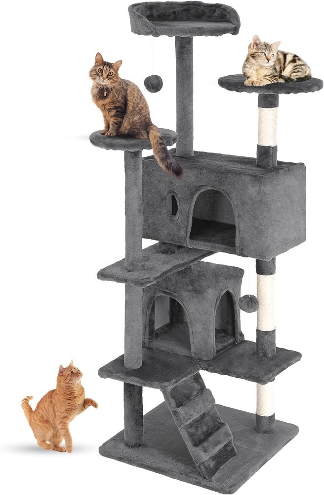 54" Cat Tree Tower | Light Gray | Multi-Level Indoor Activity Center with Sis...