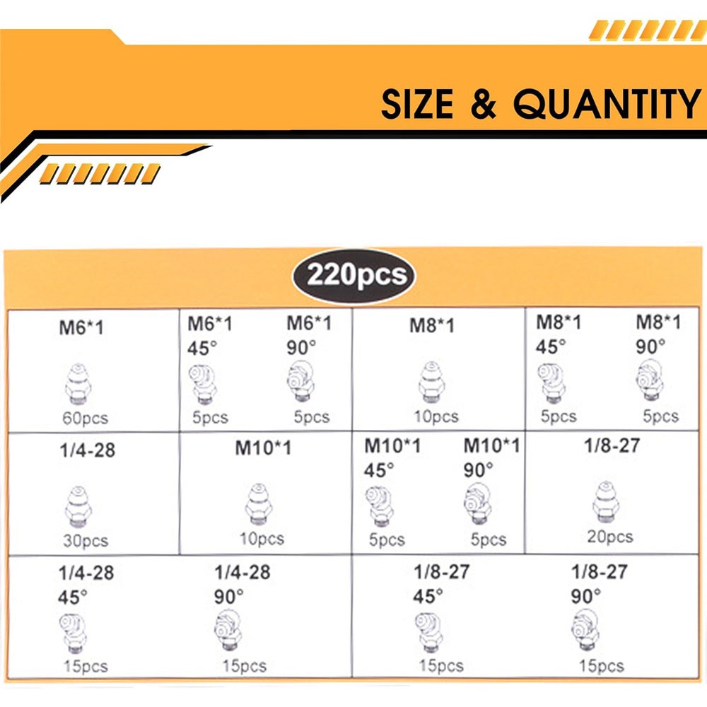 220pcs Metric & SAE Hydraulic Lubrication Grease Zerk Fittings Assortment Set