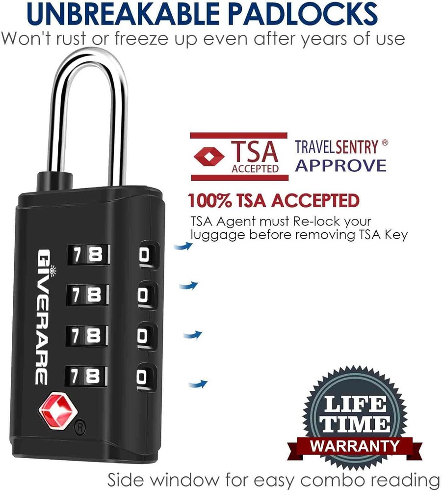 4-Pack TSA Approved Luggage Locks 4-Digit Combo, Open Alert Indicator, Black Set