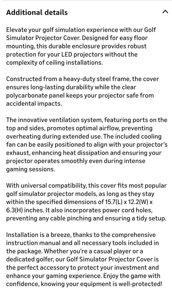 Golf Simulator Projector Cover Floor Mounted Protective Enclosure