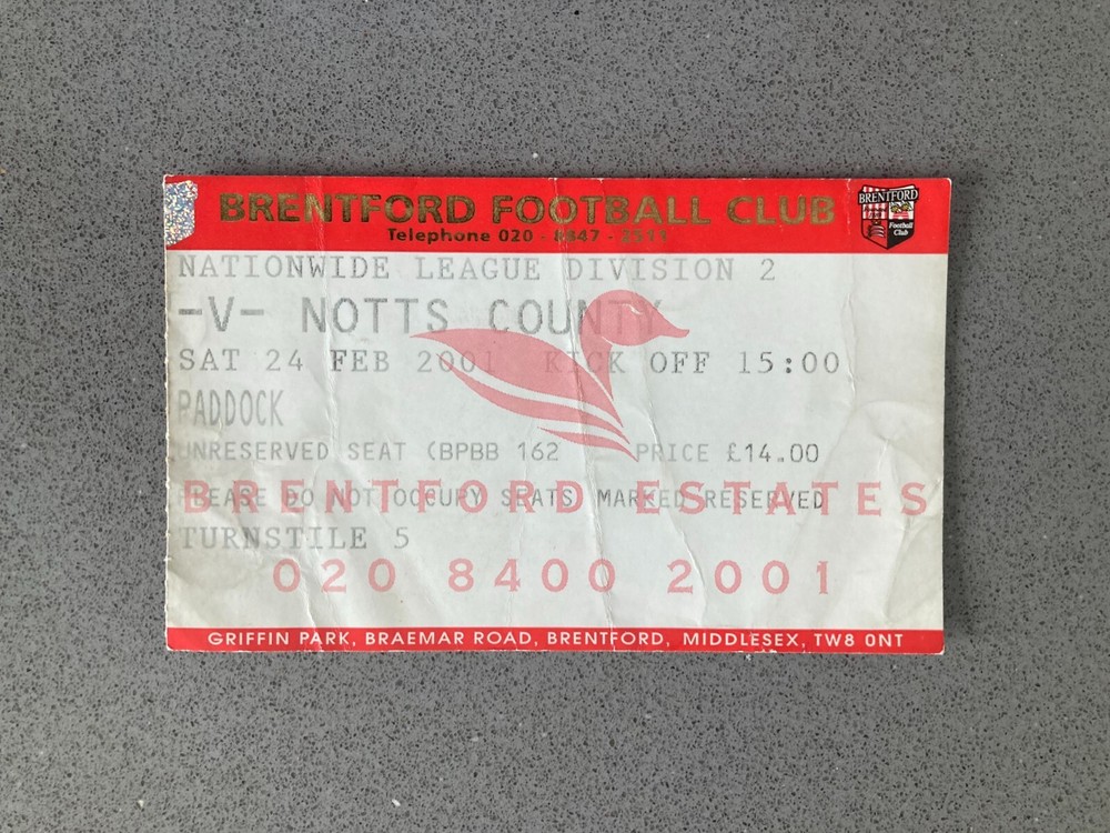 Brentford v Notts County 2000-01 Match Ticket